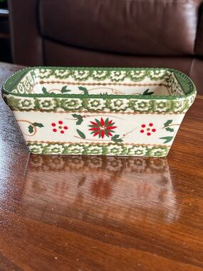 Temp-Tations Old World Poinsettia Green and Red Small Ceramic Loaf Pan 12 ounce